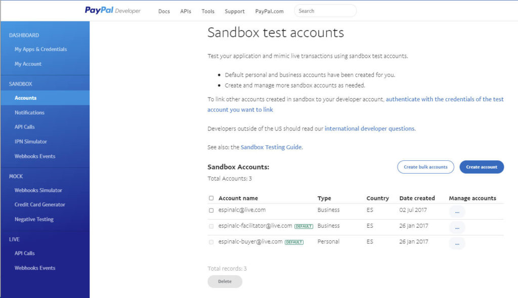 Cuentas de Sandbox en PayPal